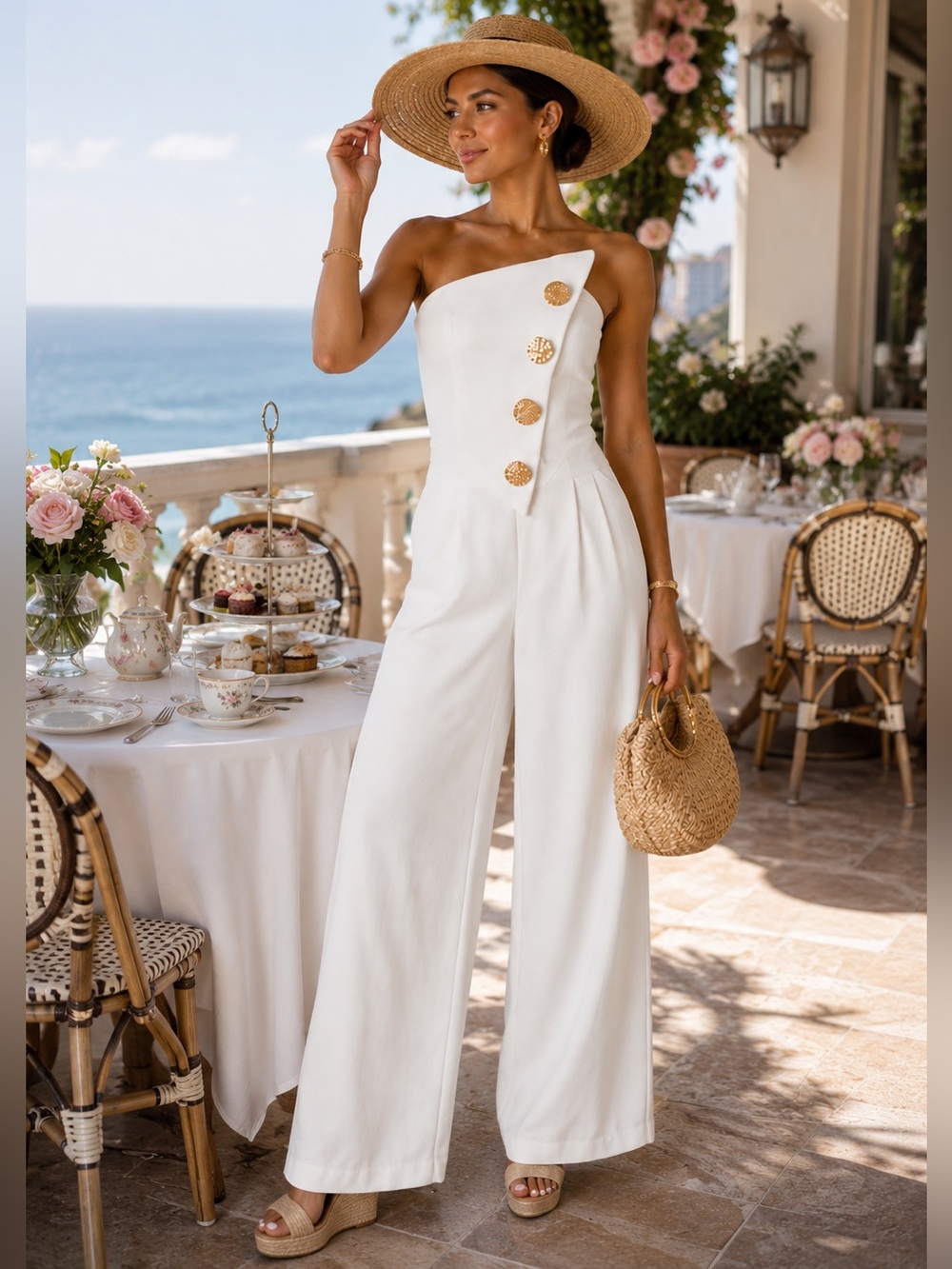 White Strapless Corset Wide Leg Jumpsuit Gold Button Detail